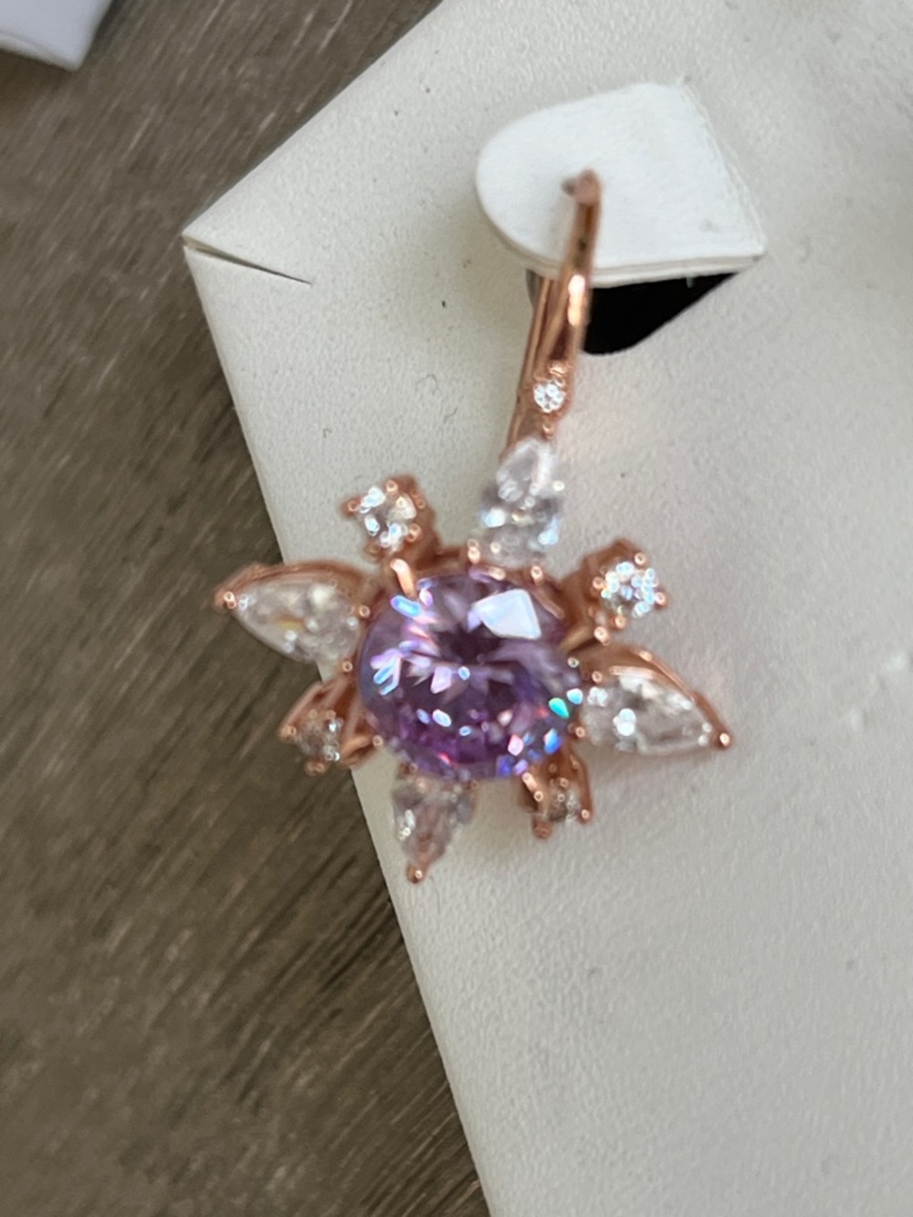 Rose Gold plated Floral Earrings with Lavender CZ Crystal Center - Picture 6 of 10